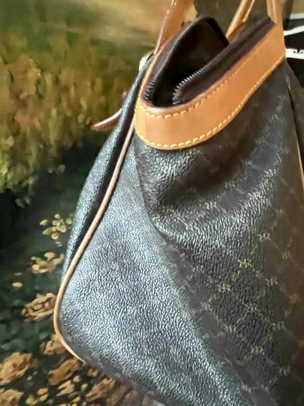 Rioni Brown Patterned Satchel with Tan Trim Handles